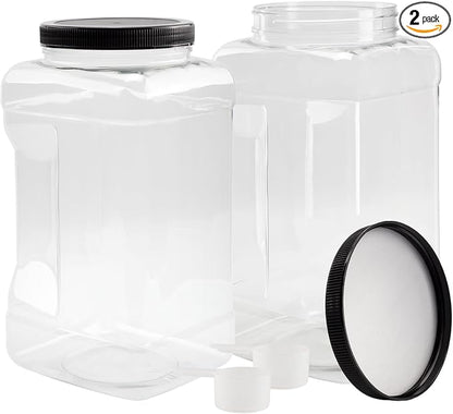 Cornucopia Brands Square Gallon Size Clear Plastic Canisters (2-Pack); 4-Quart Jar Grip Containers w/ Plastic Scoops; BPA-Free