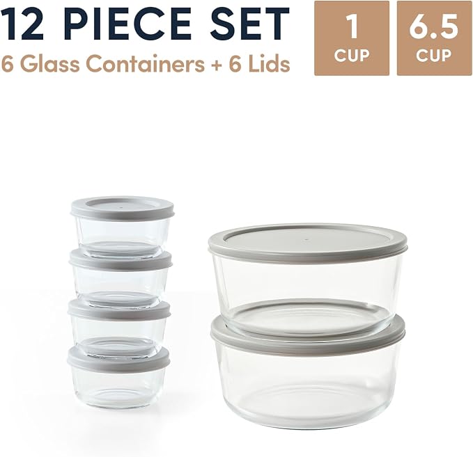 12-Piece Glass Food Storage Containers Set (6 Containers + 6 BPA-Free Lids) | 1-Cup & 6.5-Cup, Leakproof | Microwave, Freezer, Oven & Dishwasher Safe | Ideal for Meal Prep & Pantry Organization, Grey