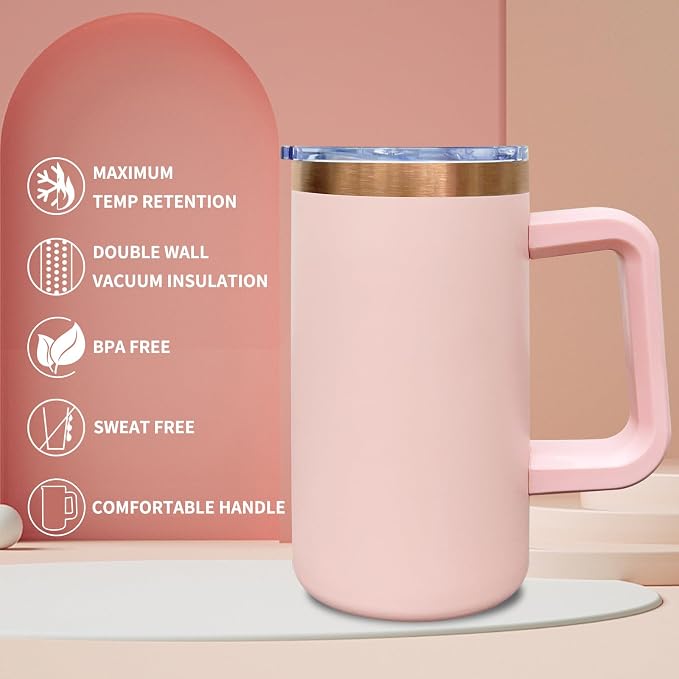 20 oz Insulated Coffee Mug with Lid, Stainless Steel Coffee Tumbler Bulk, Double Wall Vacuum Travel Mug with Handle, Leakproof Powder Coated Coffee Cups for Hot and Cold Drinks (Pink,4 pack)