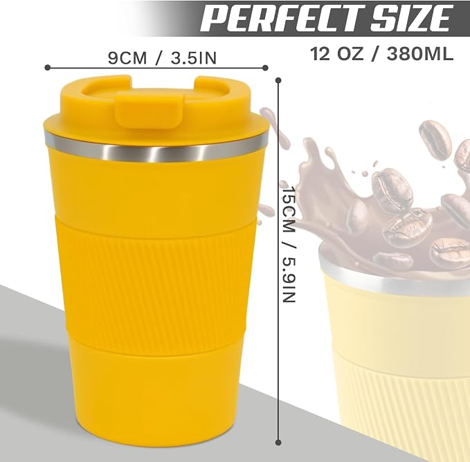 SPLMIFA Vacuum Insulated Travel Coffee Mug, Reusable Stainless Steel Tumbler with Leak-Proof Lid, Keeps Drinks Hot or Cold for Hours, Durable Portable Cup for Men & Women (3rd-Yellow, 12oz)