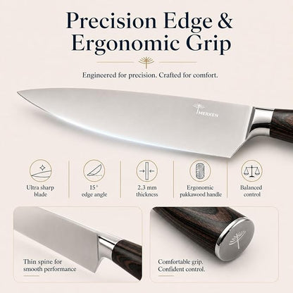 MERKEN 8 Inch Chef Knife, 5Cr15MoV High Carbon Stainless Steel Blade with Pakkawood Handle