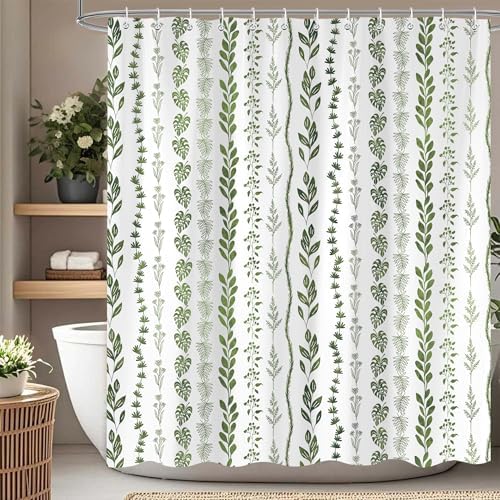 Boho Shower Curtain Waterproof Fabric Bath Curtain with Hooks 72x72 inch，Sage Green Modern Farmhouse Bathroom Decor