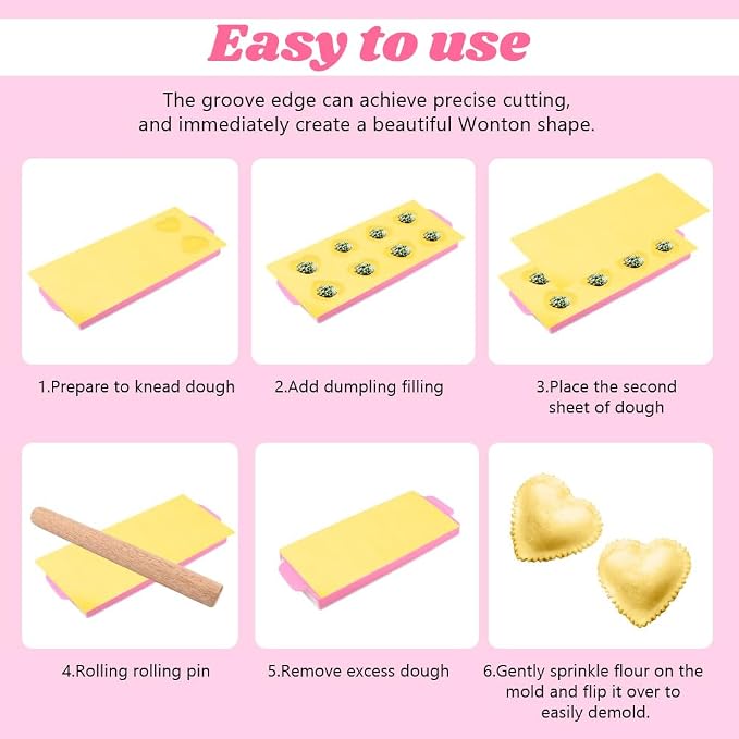 8PCS Ravioli Maker Press Set,Ravioli Stamp Maker Cutter with Wood Rolling Pin,Empanada Maker-Press,Ravioli Wheel and Stuffing Spoon,for Homemade Pasta,Dumpling,Pastry Kit(Pink)