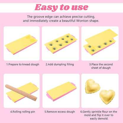 8PCS Ravioli Maker Press Set,Ravioli Stamp Maker Cutter with Wood Rolling Pin,Empanada Maker-Press,Ravioli Wheel and Stuffing Spoon,for Homemade Pasta,Dumpling,Pastry Kit(Pink)