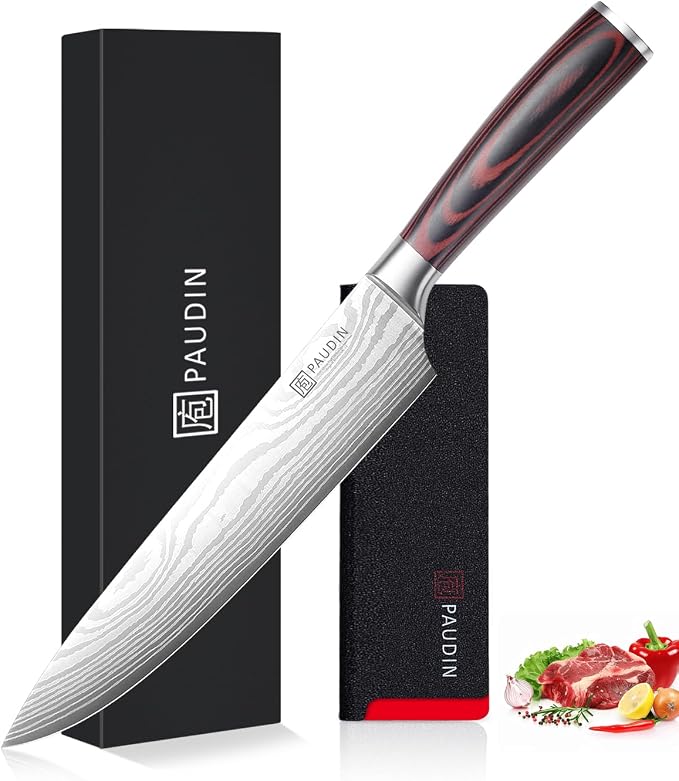 PAUDIN Chef Knife, 9 Inch High Carbon Stainless Steel Sharp Kitchen Knife for Vegetables and Meat, with Sheath, Ergonomic Handle, Gift Box