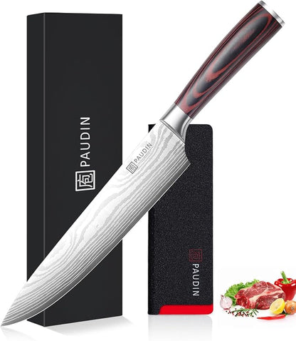 PAUDIN Chef Knife, 9 Inch High Carbon Stainless Steel Sharp Kitchen Knife for Vegetables and Meat, with Sheath, Ergonomic Handle, Gift Box