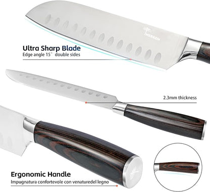 MERKEN Santoku Knife 7 Inch Japanese Multipurpose Kitchen Knife, Pakkawood Handle