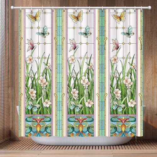 Flower Butterfly Shower Curtain, Glaze Glass Chinese Screen Window Shower Curtain Green Floral Shower Curtain Sets Waterproof Polyester Fabric Machine Washable Home Farmhouse Decor Bath Curtains