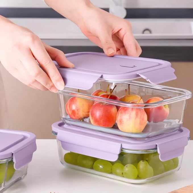 Glass Food Storage Containers with Lids, Airtight Meal Prep Containers, 4 Pack Set with Multiple Sizes (Purple)