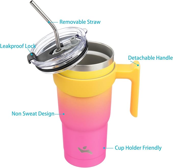 Konokyo 20 oz Tumbler with Handle and 2 Straw 2 Lid, Insulated Water Bottle Stainless Steel Vacuum Cup Reusable Travel Mug,Rainbow