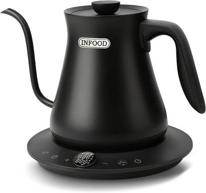 INFOOD 0.8L Gooseneck Electric Kettle, Precise Temperature Control for Pour Over Coffee & Tea, 1200W Fast Boiling Water, Auto Shut Off, Scheduling, Stainless Steel, Black