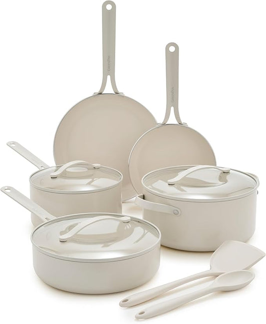 GreenPan Nova 10-Piece Nonstick Cookware Set, PFAS-Free Ceramic Pots & Pans with Silicone Cooking Utensils, Durable Fast Heating, Induction Ready, Oven Safe to 600°F, Dishwasher Safe, Cream White