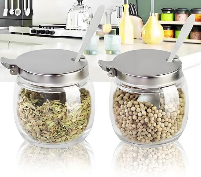 Hewnda 2Pcs Sugar Salt Container Set,8 oz glass jar with lid and spoon for storing condiments,coffee,sugar cubes,spices and more