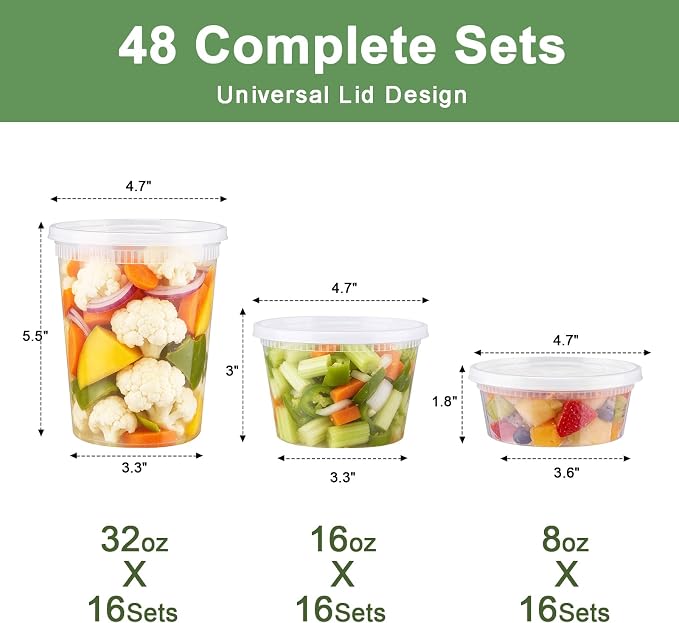 Lamosi Deli Containers with Lids 48 Sets, 32/16/8 oz X 16 Set Each, BPA Free & Airtight Plastic Food Containers with Lids for Soup and Takeout Meal Prep Storage, Freezer, Microwave & Dishwasher Safe