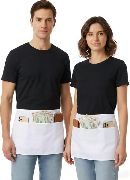BOHARERS Waist Apron with 3 Pockets - White Waitress Waiter Server Short Apron