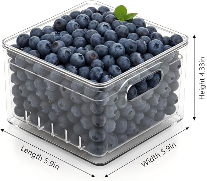 Transparent PET Fruit Draining and Washing colander food storage boxes plastic cookie containers refrigerator organizers (2, Square)