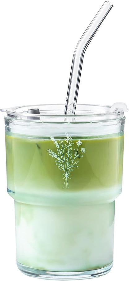 Olvini Mothers Day Gifts For Mom 13oz Glass Tumbler with Straw and Lid, Reusable Iced Coffee Cup Tumbler, Cute Glass Cups for Water, Matcha, Travel Coffee Mugs (Wildflower- 13oz)