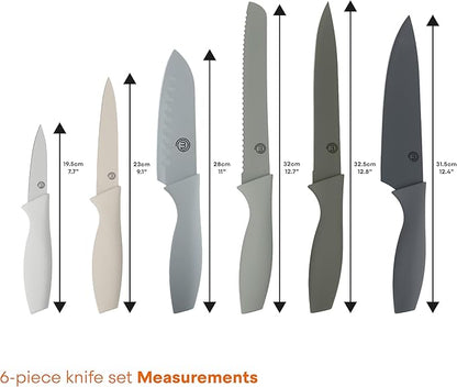 MasterChef Kitchen Knife Set with Covers, 6 Professional Chef Knives for Home Kitchens, Extra Sharp Cutting Stainless Steel Blades & Protective Sheaths, Soft-Touch Easy-Grip Handles, Earth Greys