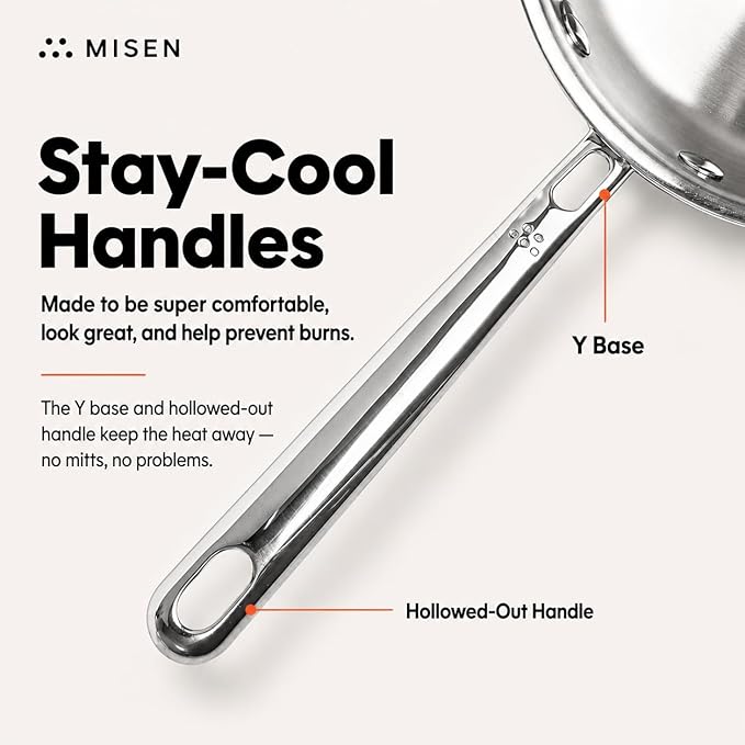 Misen 5-Ply Stainless Steel 12" Frying Pan - Professional Cookware for Induction, Gas and Electric - Dishwasher Safe, Oven Safe to 800°F - Durable, Versatile, Even Heating