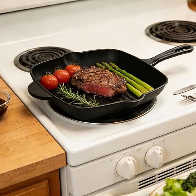 11 Inch Square Grill Pan Large Pre-Seasoned Cast Iron and 10.5 Inch Round Griddle, Crepe Pan, BBQ Hot Plate Pans with Handle Silicone
