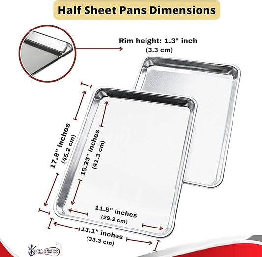 KITCHENATICS Aluminum Half Sheet Size Baking Pans, Nonstick Cookie Sheets for Baking, Oven Safe Baking Sheet Pans, Heavy Duty 1/2 Commercial Baking Sheets for Oven - 13.1" x 17.9" IN, Set of 2