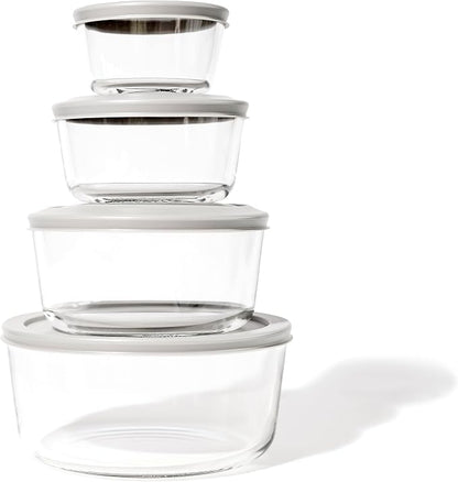 8-Piece Glass Food Storage Containers Set (4 Containers + 4 Lids) | Round, Nesting, Microwave & Dishwasher Safe | BPA-Free, Space-Saving | Grey Lids for Pantry & Kitchen Organization, Grey