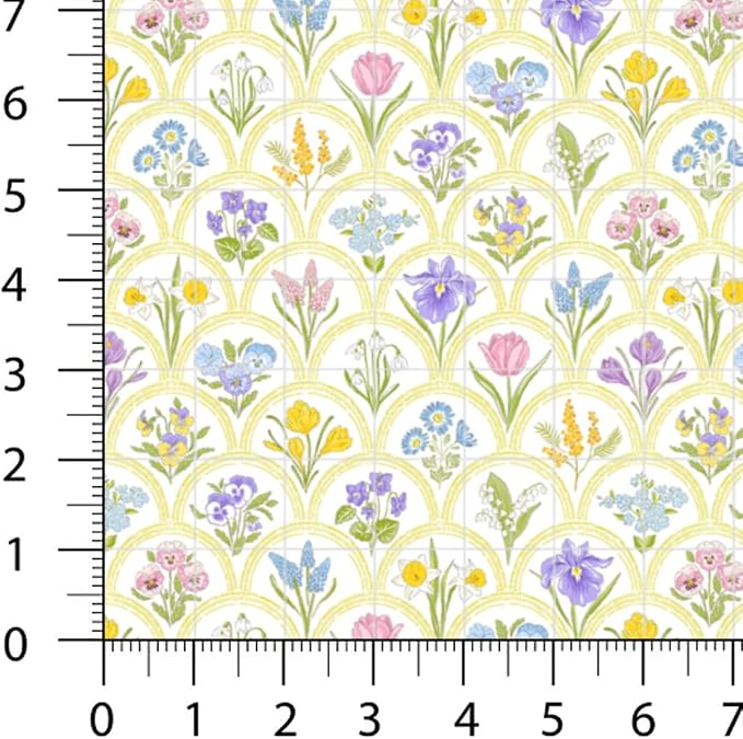 Patchwork Fabric Panel 100x155 cm, 100% Cotton Satin, 6 Coordinated Spring Floral & Bird Patterns, Soft Green Pastel Quilting & Sewing Fabric (Spring Garden, 6pcs 50x50cm)
