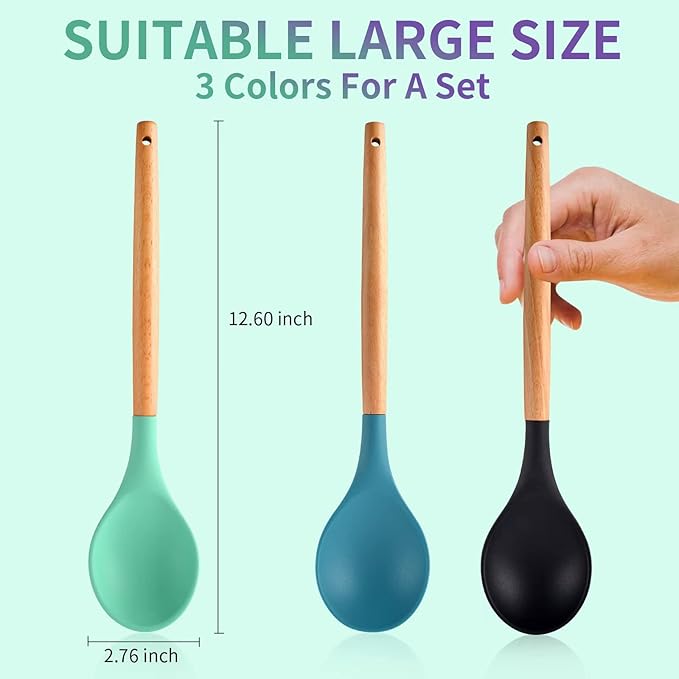 3 Pcs Large Silicone Wooden Handle Mixing Spoons - Nonstick Heat-Resistant Kitchen Mixing Tools (Green, Blue, Black)