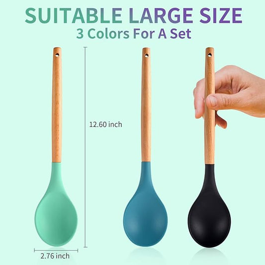 3 Pcs Large Silicone Wooden Handle Mixing Spoons - Nonstick Heat-Resistant Kitchen Mixing Tools (Green, Blue, Black)