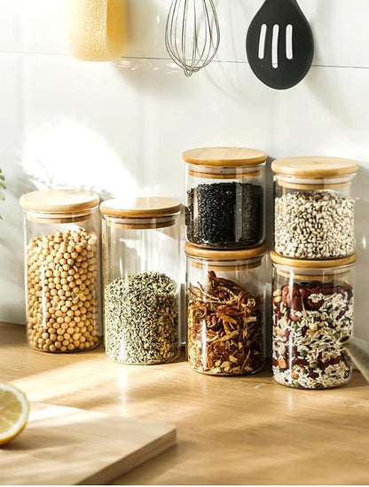 SHOWIN 17oz Glass Food Storage Jars, Glass Jars with Bamboo Lids, Kitchen Storage Jars, Set of 12, Canisters with Airtight Lids for Spice, Coffee, Cookie, Pantry Organizers