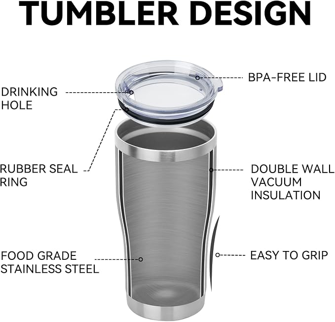 DOMICARE 20oz Tumbler with Lid Stainless Steel Tumblers Bulk, Double Wall Vacuum Insulated Coffee Travel Mug, 1 Count (Pack of 1) Stainless Steel