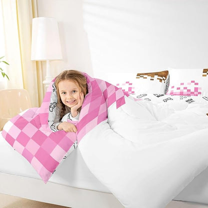 Manfei Game Pixelated Theme Kids Comforter Toddler Size,Patchwork Grid Quilt Set for Kids Boys Girls Bedroom Decor,Video Games Bedding Set,Pink Brown Duvet Insert,1 Pillowcase