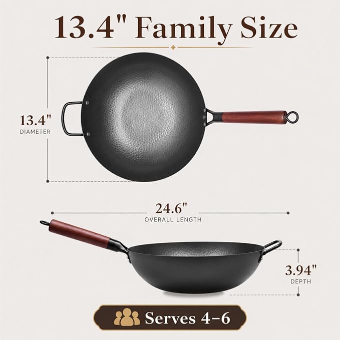 WANGYUANJI 13.4"(34cm) Carbon Steel Wok Pan with Lid,Large Flat Bottom Stir Fry Pan for Electric,Induction & Glass Top Stoves, High Stability No-Wobble Design, Lightweight Chinese Cookware, 4-6 People