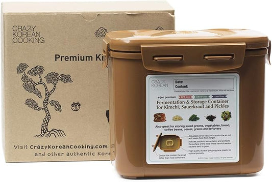 Crazy Korean Cooking Premium Kimchi, Sauerkraut Fermentation and Storage Container with Inner Vacuum Lid (0.9 Gal Sandy Brown (3.4L))