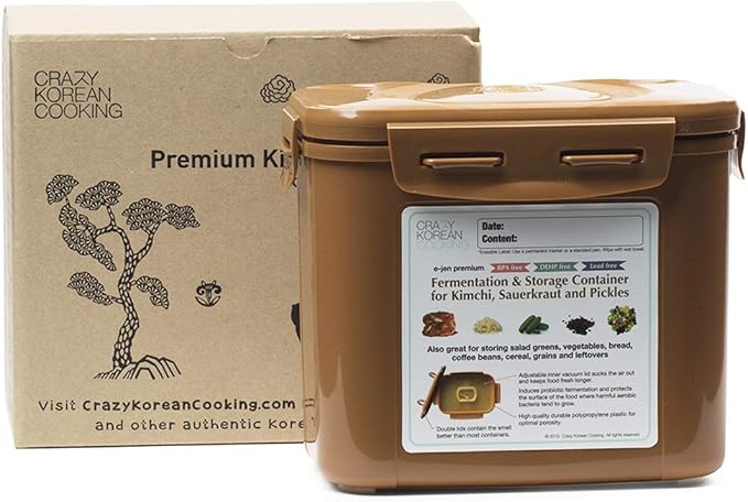 Crazy Korean Cooking Premium Kimchi, Sauerkraut Fermentation and Storage Container with Inner Vacuum Lid (0.9 Gal Sandy Brown (3.4L))