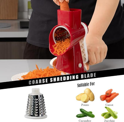 Badelite Cheese Grater Hand Crank Rotating Cheese Shredder Stainless Steel Vegetable Slicer Grater for Kitchen 3 Blades for Cheese, Carrot, Cucumber, Nuts, Chocolate, Red