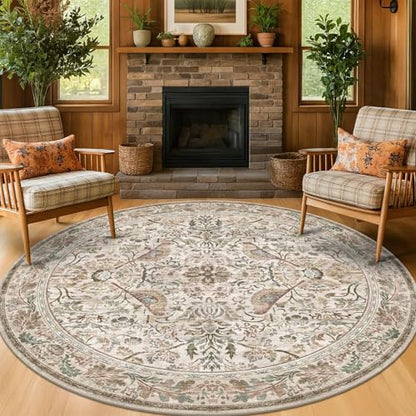 Hazo Haus Large 8ft Area Round Rug for Living Room - Vintage Circular Rug for Kids Bedroom, Dining Room, Home Office, Washable Floral Low Pile Non Slip, Moss Green & Olive Indoor Aesthetic Décor