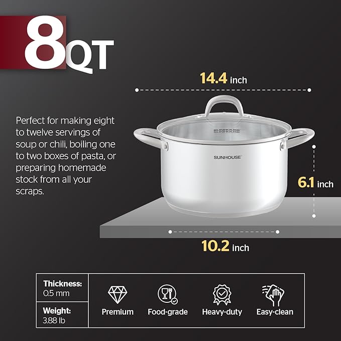 Sunhouse 8 Quart Stock Pot with Lid - 3-Ply Base Stainless Steel Cooking Pot - 8 QT Canning Dutch Oven Stock Pots - Oven Safe & Induction Cookware