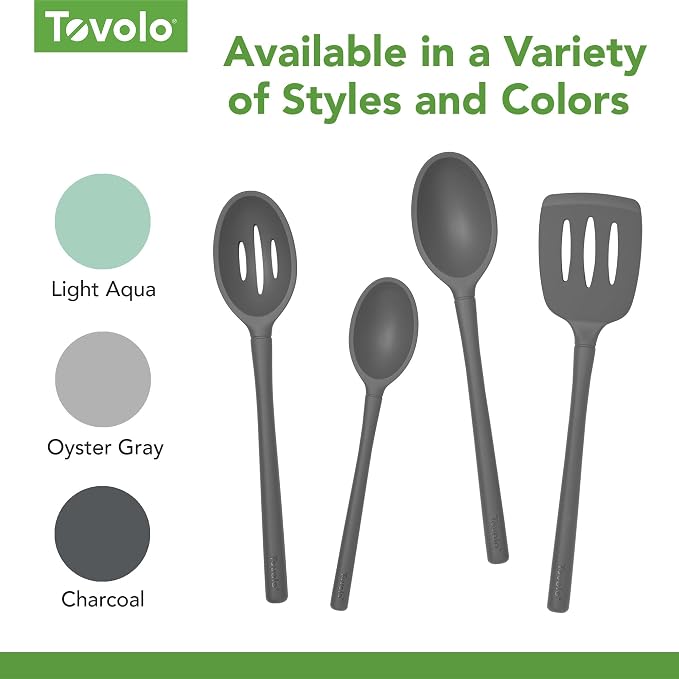 Tovolo Flex Core Silicone Slotted Deep Spoon for Cooking Mixing Baking, Dishwasher Safe BPA Free All Silicone Kitchen Spoon Utensil Heat Resistant Nonstick Safe Slotted Serving Spoon, Charcoal Gray