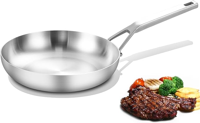 Yeksum Tri-Ply Fully Bonded Stainless Steel 8inch Frying Pan, Omelette Pans, Egg Pan Durable Chef's Pan, Kitchen Skillets 8in, Induction Pan for Steak,Egg, Compatible with All Cooktops, Up to 600℉