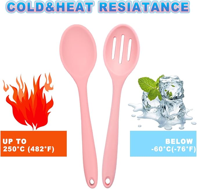 8 Pcs Heat Resistant Non Stick Silicone Serving Spoons Set -Ideal for Cooking, Baking, Mixing, Stirring Includes Slotted & Solid Spoons, Design for Nonstick Cookware (Pink)