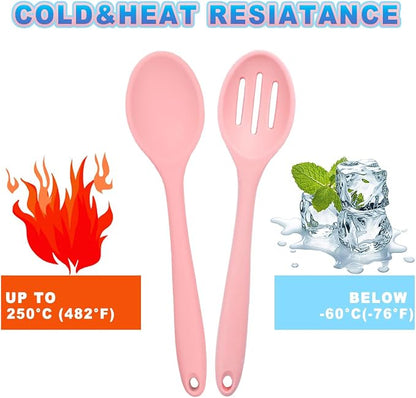 8 Pcs Heat Resistant Non Stick Silicone Serving Spoons Set -Ideal for Cooking, Baking, Mixing, Stirring Includes Slotted & Solid Spoons, Design for Nonstick Cookware (Pink)