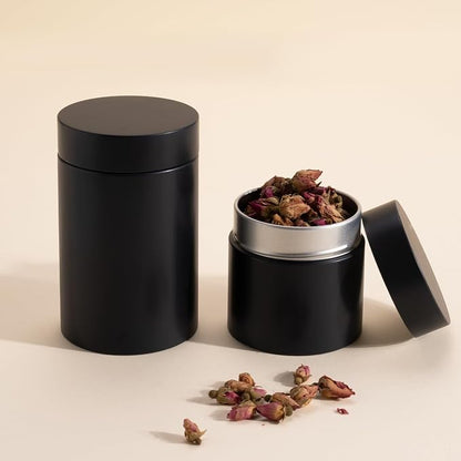 3 Packs Tea Tin Canister for Loose Tea Metal Tea Canister 9 oz 15 oz Round Tin Can for Coffee Beans Tea Container for Kitchen Storage Sugar Matcha Spice Powder (Black, L_2.95x4.92)
