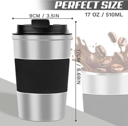 SPLMIFA Vacuum-Insulated Stainless Steel Travel Coffee Mug, Leak-Proof Reusable Coffee Cup with Lid -Keep Hot & Cold Drinks for Hours, Durable Insulated Tumbler for Men & Women(3rd-Silver black, 17OZ)