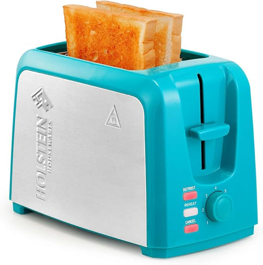 Holstein Housewares 2-Slice Toaster with 7 Browning Settings, Extra-Wide Slots, Reheat, Defrost, Cancel, High-Lift Release, Removable Crumb Tray – Compact Stainless Steel, Teal