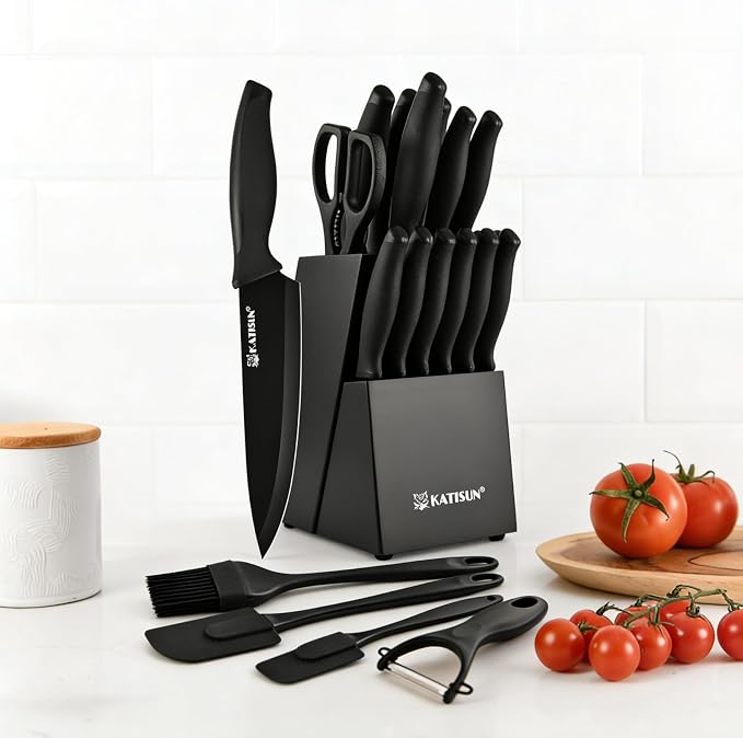 19-Piece Stainless Steel Kitchen Knife Set, Built-in Knife Sharpener, Dishwasher Safe, Ergonomic Non-Slip Handles, 6 Steak Knives, Black
