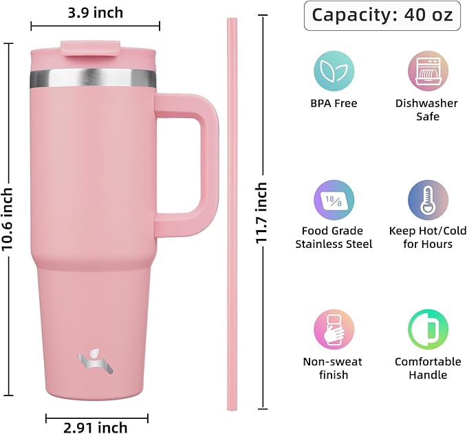 Konokyo 40 oz Tumbler with Handle and 2 Straws,2 in 1 Lid Insulated Water Bottle Stainless Steel Travel Coffee Mug,Pink