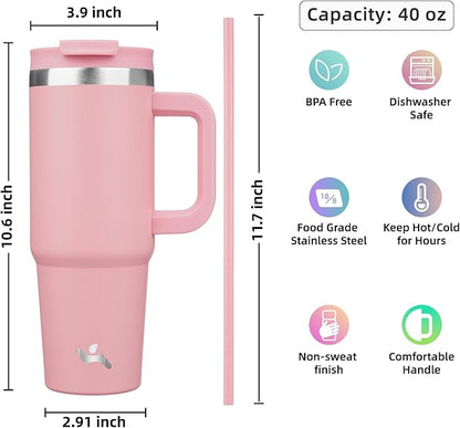 Konokyo 40 oz Tumbler with Handle and 2 Straws,2 in 1 Lid Insulated Water Bottle Stainless Steel Travel Coffee Mug,Pink