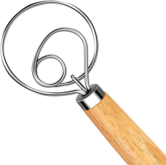 Hand Whisk Stainless Steel Dough Hook Dutch Whisk for Sourdough Bread Dough Mixer Hand Wooden Handle Kitchen Whisking Mixing Tool Bread Making Tools (1 eye)