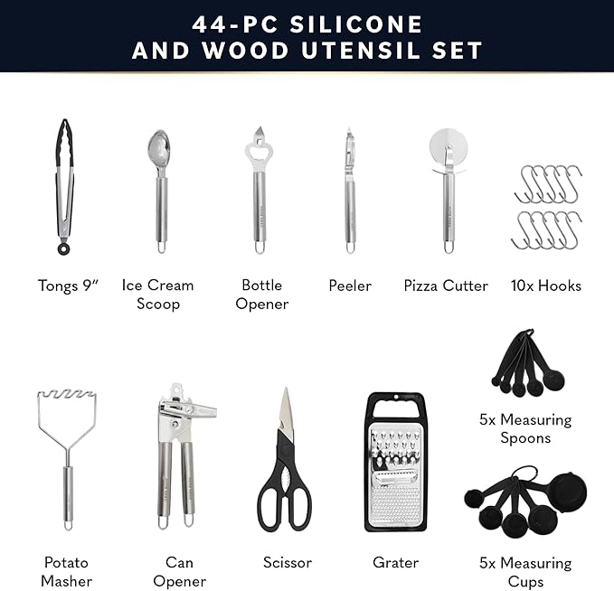 Home Hero 44 Pcs Silicone Kitchen Utensils Set, Non-Stick Silicone Cooking Utensils Set with Spatula, Wooden Handle Spatula, Silicone Kitchen Gadgets Utensil Set (44 Pcs - Black)